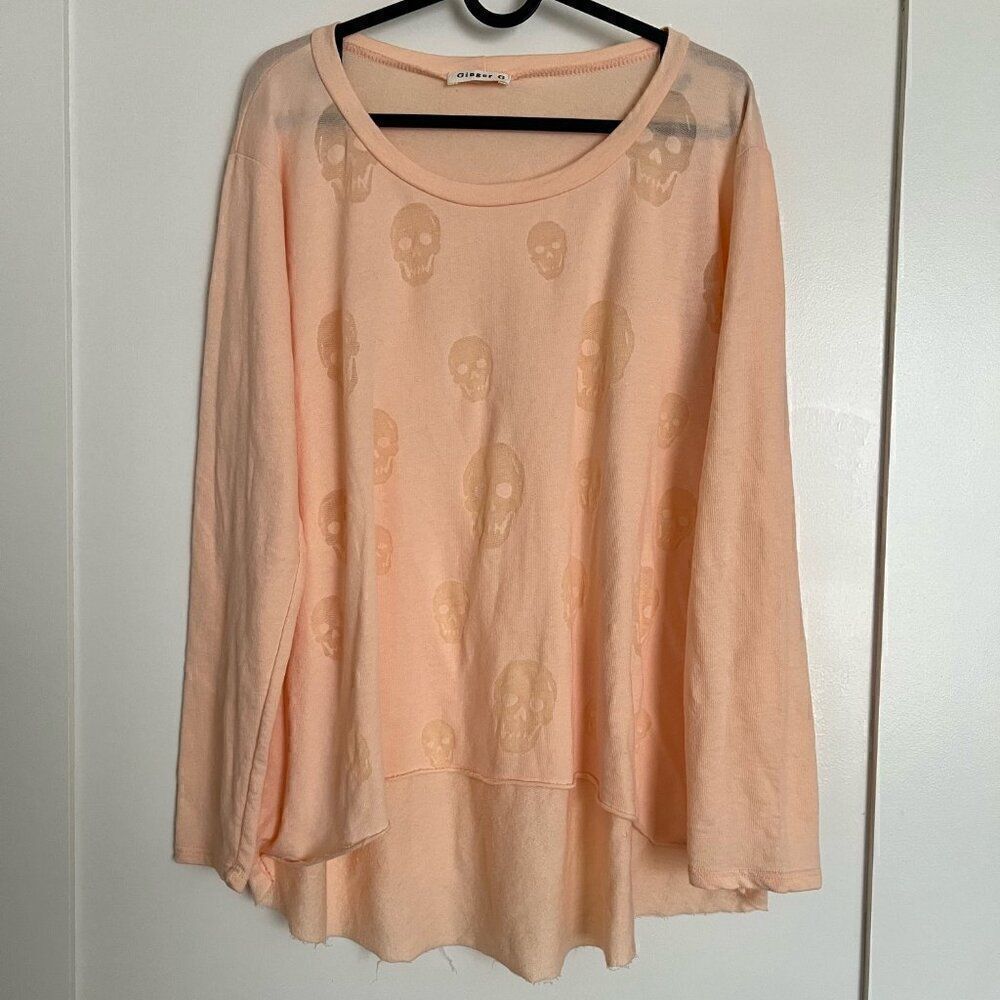 Ginger G Top Womens Sz M Peach Long Sleeve High Low Hem Stretch Skull Halloween